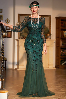 Sprankelende donkergroene pailletten lange jaren 1920 flapper jurk met 20s accessoires