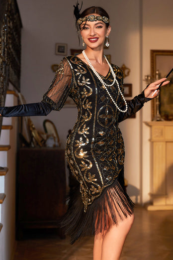 Sprankelende zwarte pailletten 1920s flapper jurk met 20s accessoires