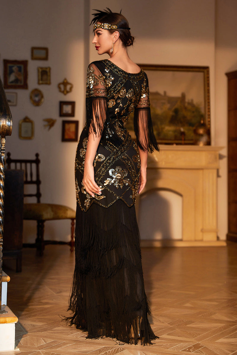 Afbeelding in Gallery-weergave laden, Zwarte pailletten franje lange jaren 1920 Gatsby jurk met accessoires set