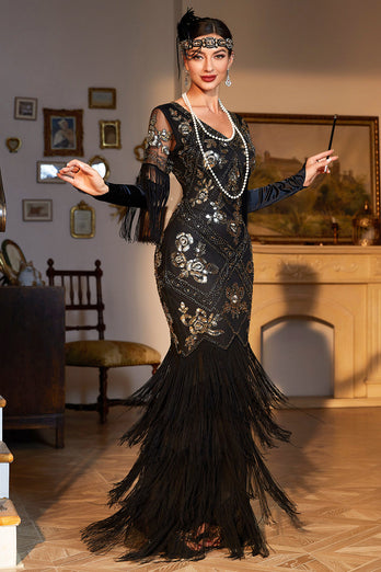 Zwarte pailletten franje lange jaren 1920 Gatsby jurk met accessoires set