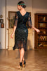 Afbeelding in Gallery-weergave laden, Donkergroen pailletten gefranjerd korte mouwen 1920s Gatsby jurk met accessoires set