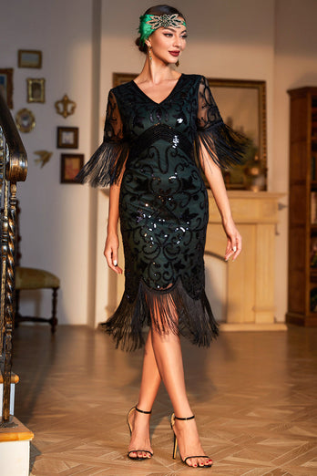 Donkergroen pailletten gefranjerd korte mouwen 1920s Gatsby jurk met accessoires set