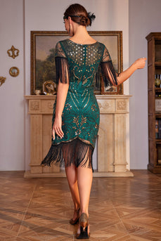 Sprankelende donkergroene cap mouwen pailletten gefranjerde jaren 1920 jurk met accessoires set