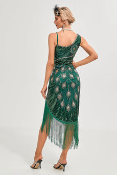 Sprankelende donkergroene pailletten franjes asymmetrische jaren 1920 Gatsby jurk met accessoires Set