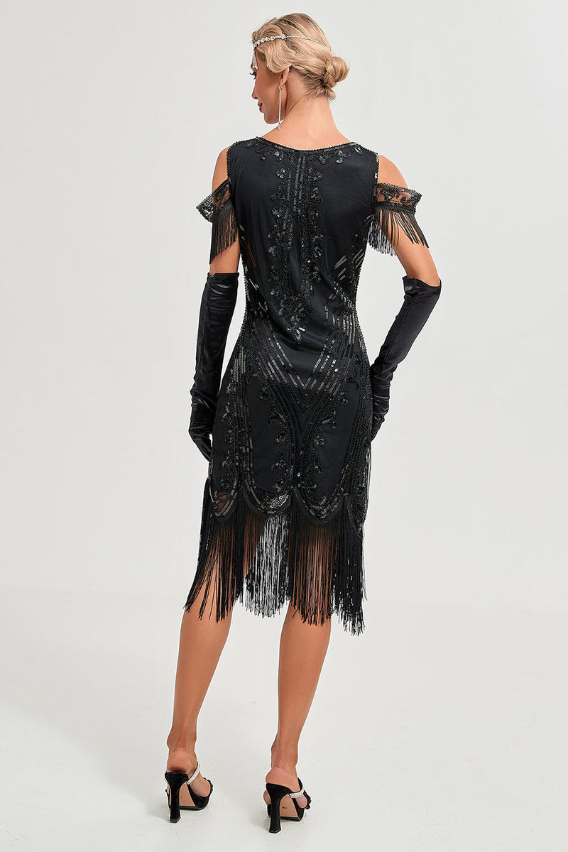 Afbeelding in Gallery-weergave laden, Glitter zwarte koude schouder pailletten franjes jaren 1920 Gatsby jurk met accessoires Set