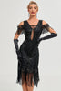 Afbeelding in Gallery-weergave laden, Glitter zwarte koude schouder pailletten franjes jaren 1920 Gatsby jurk met accessoires Set