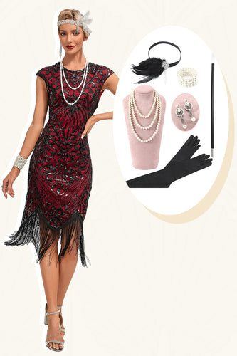 Bourgondische franjes Sparkly Flapper jurk met accessoires Set