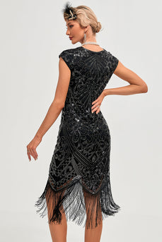 Zwarte mouwloze Glitter franjes jaren 1920 jurk met accessoires Set