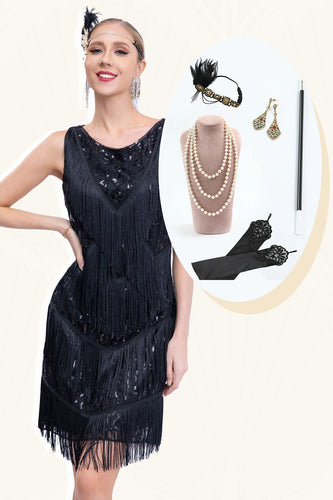 Zwarte franje jaren 1920 Gatsby jurk met pailletten met 20s accessoires Set