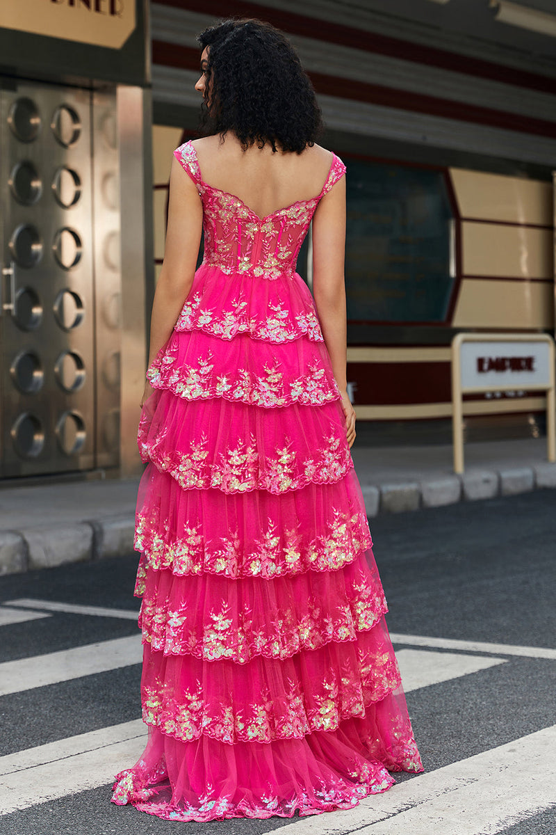 Afbeelding in Gallery-weergave laden, Trendy A Line Off the Shoulder Fuchsia Split Front Corset Prom Dress met Accessoires Set