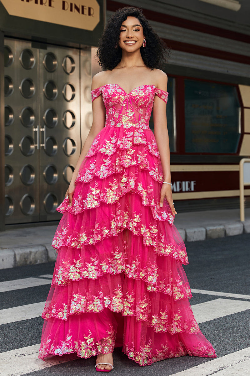 Afbeelding in Gallery-weergave laden, Trendy A Line Off the Shoulder Fuchsia Split Front Corset Prom Dress met Accessoires Set