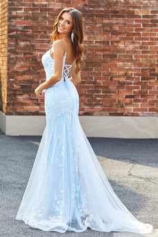 Lichtblauwe sprankelende kralen zeemeermin lange Prom jurk met accessoires Set
