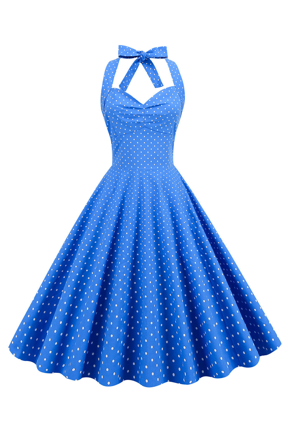 Halter Hals Blauwe Stippen Vintage Jurk met Rugloos