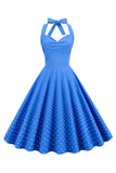 Halter Hals Blauwe Stippen Vintage Jurk met Rugloos
