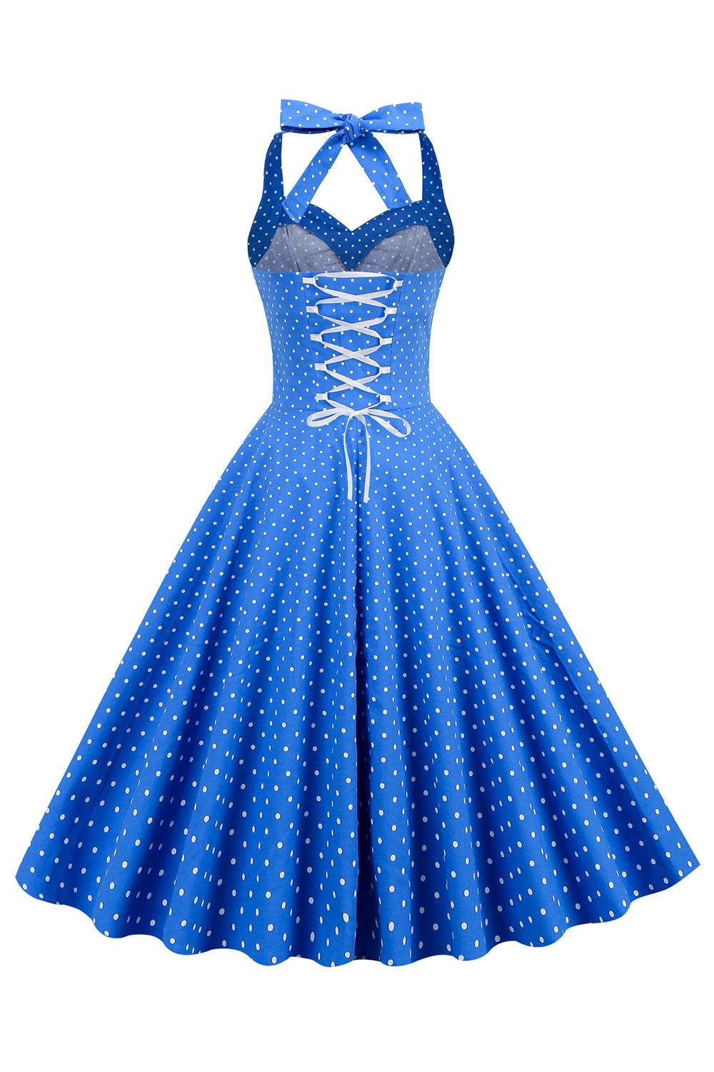 Halter Hals Blauwe Stippen Vintage Jurk met Rugloos