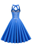 Halter Hals Blauwe Stippen Vintage Jurk met Rugloos