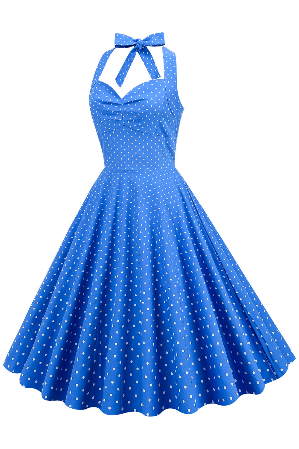 Halter Hals Blauwe Stippen Vintage Jurk met Rugloos