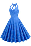 Halter Hals Blauwe Stippen Vintage Jurk met Rugloos