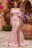 Off-the-shoulder zeemeermin bloemenborduurde roze galajurk met zijsplit