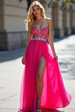 Fuchsia kralen strapless A lijn tule galajurk met split