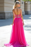 Fuchsia kralen strapless A lijn tule galajurk met split