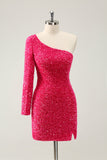 Hot Pink One Shoulder Glitter Pailletten Homecoming Jurk met Split