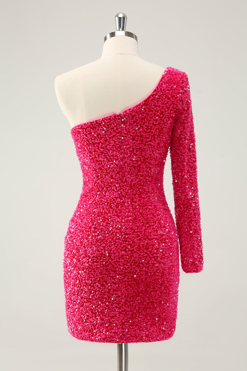Afbeelding in Gallery-weergave laden, Hot Pink One Shoulder Glitter Pailletten Homecoming Jurk met Split