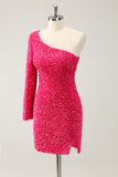 Hot Pink One Shoulder Glitter Pailletten Homecoming Jurk met Split