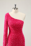 Hot Pink One Shoulder Glitter Pailletten Homecoming Jurk met Split