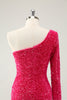 Afbeelding in Gallery-weergave laden, Hot Pink One Shoulder Glitter Pailletten Homecoming Jurk met Split