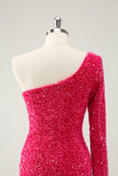 Hot Pink One Shoulder Glitter Pailletten Homecoming Jurk met Split