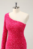 Hot Pink One Shoulder Glitter Pailletten Homecoming Jurk met Split