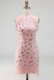 Glinsterende blush strakke korte geruffelde halter-cocktailjurk met franjes