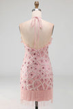 Glinsterende blush strakke korte geruffelde halter-cocktailjurk met franjes
