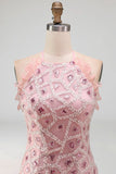 Glinsterende blush strakke korte geruffelde halter-cocktailjurk met franjes