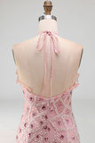 Glinsterende blush strakke korte geruffelde halter-cocktailjurk met franjes