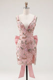 Roze V-hals bodycon bloemenjurk homecoming met split