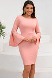 Bodycon Roze Ronde Hals Midi Cocktailjurk met Lange Mouwen