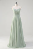 Matcha A Line strapless chiffon lange bruidsmeisjesjurk met ruches