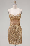 Glitterende gouden Bodycon Sweetheart doorschijnende korsetpailletten Homecoming jurk