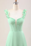 Groene A Line Off The Shoulder Corset Bruidsmeisje Jurk Met Ruches