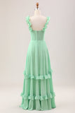 Groene A Line Off The Shoulder Corset Maxi Bruidsmeisje Jurk Met Ruches