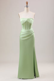 Groene schede korset strapless lange bruidsmeisjesjurk met split