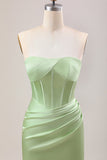 Groene schede korset strapless lange bruidsmeisjesjurk met split