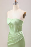 Groene schede korset strapless lange bruidsmeisjesjurk met split