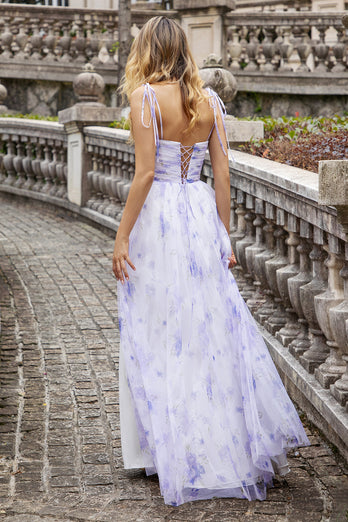 Lavendel bloem A lijn Spaghetti bandjes lange bruidsmeisje jurk met split