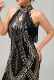Bodycon halter zwarte gouden pailletten jaren 1920 jurk met franjes