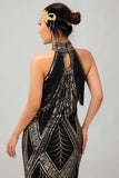 Bodycon halter zwarte gouden pailletten jaren 1920 jurk met franjes