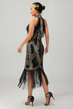 Bodycon halter zwarte gouden pailletten jaren 1920 jurk met franjes
