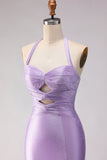 Zeemeermin lila kralenbezette halter met uitgesneden lange galajurk met split